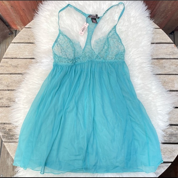 VICTORIAS SECRET Teal Lace Sheer Baby Doll Slip Lingerie NWT - Picture 1 of 4